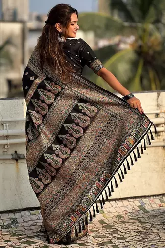 Black woven self design pashmina silk saree with blouse