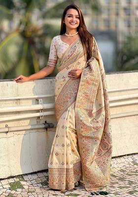 Cream woven self design pashmina silk saree with blouse 1