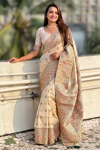 Cream woven self design pashmina silk saree with blouse