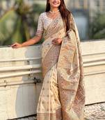 Cream woven self design pashmina silk saree with blouse