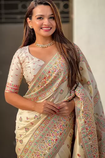Cream woven self design pashmina silk saree with blouse