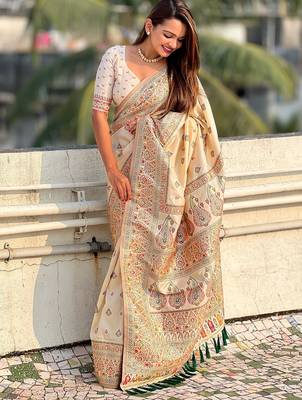 Cream woven self design pashmina silk saree with blouse 3