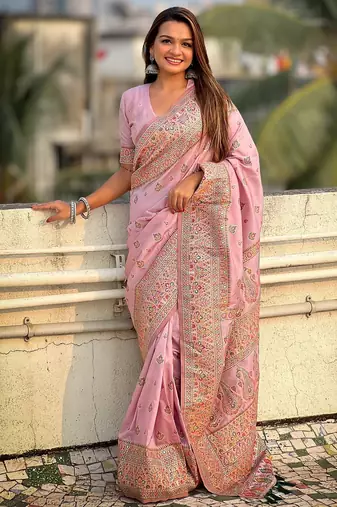 Lavender woven self design pashmina silk saree with blouse