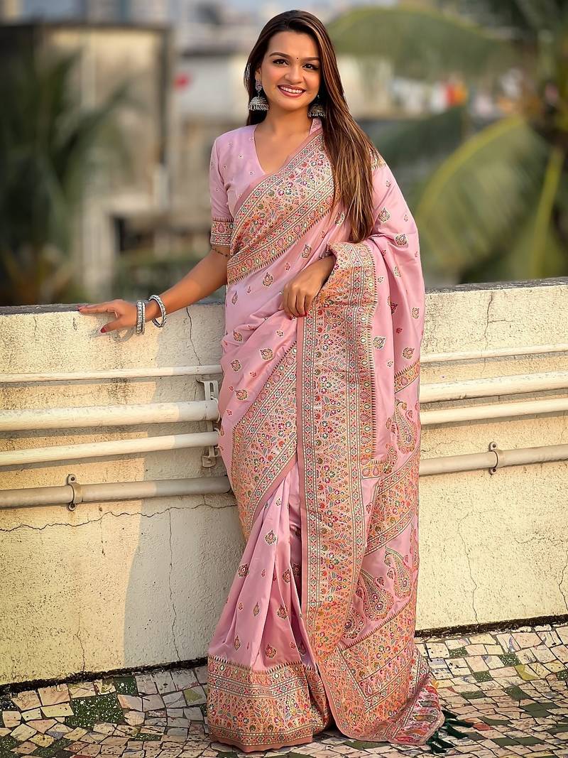 Lavender woven self design pashmina silk saree with blouse