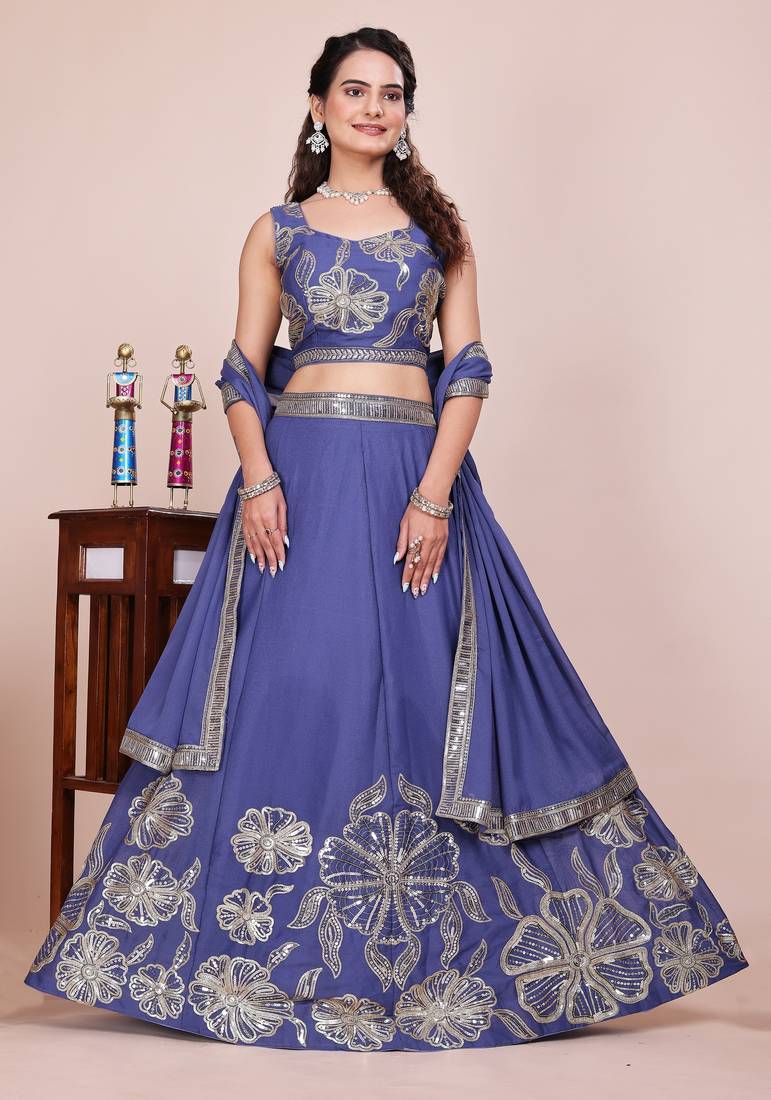 Steel Blue Star Faux Georgette Sequins & Zari Embroidered Lehenga Choli
