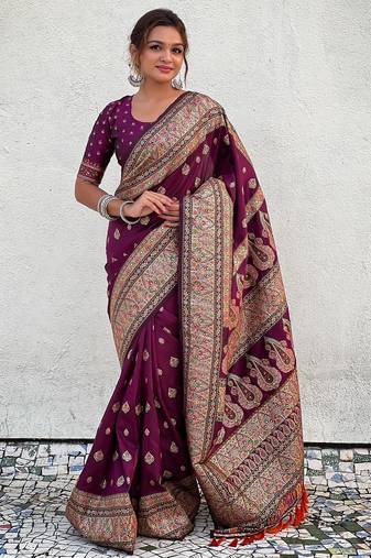 Magenta woven self design pashmina silk saree with blouse