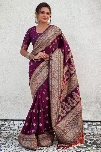 Magenta woven self design pashmina silk saree with blouse