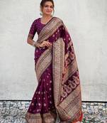 Magenta woven self design pashmina silk saree with blouse