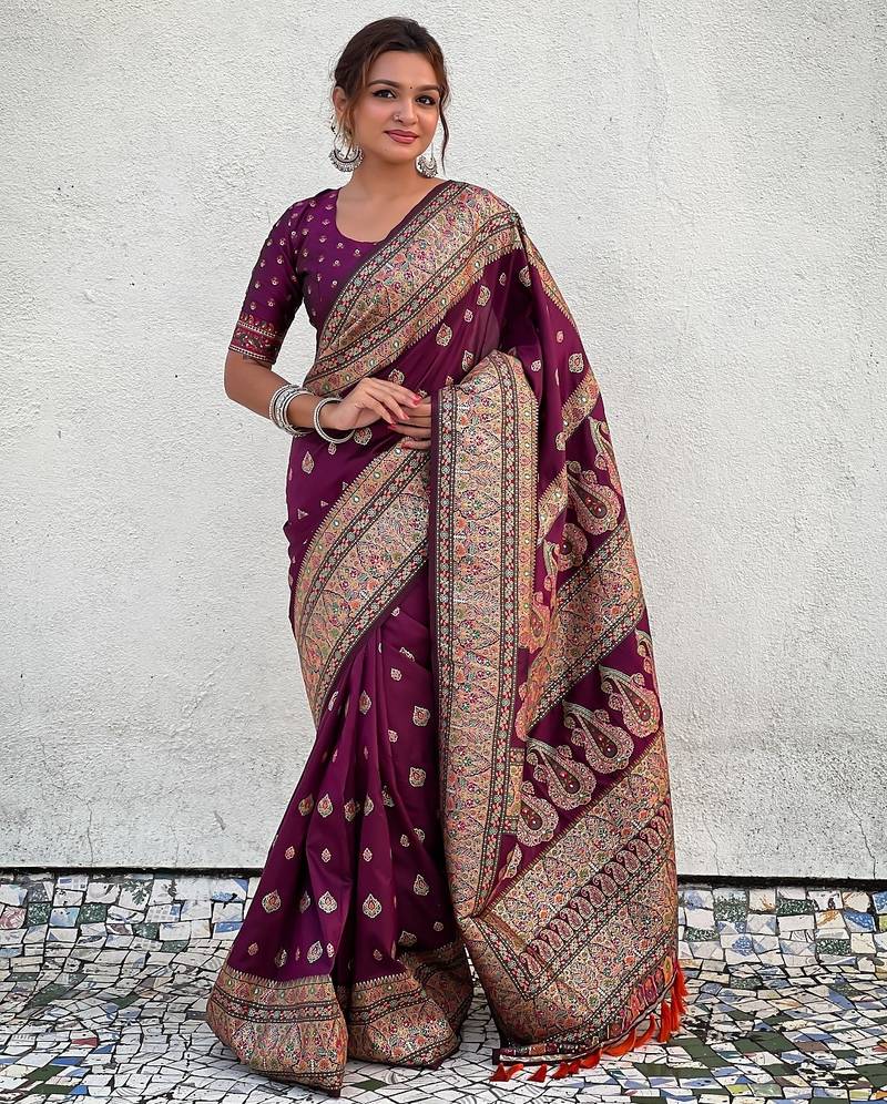 Magenta woven self design pashmina silk saree with blouse