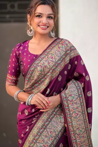 Magenta woven self design pashmina silk saree with blouse