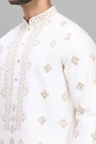 men’s off white silk kurta pant with full embroidery