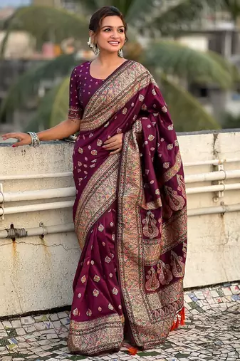 Magenta woven self design pashmina silk saree with blouse