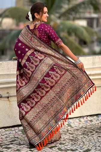 Magenta woven self design pashmina silk saree with blouse