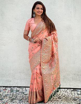 Peach woven self design pashmina silk saree with blouse 1