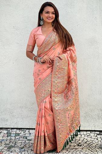 Peach woven self design pashmina silk saree with blouse