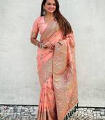 Peach woven self design pashmina silk saree with blouse