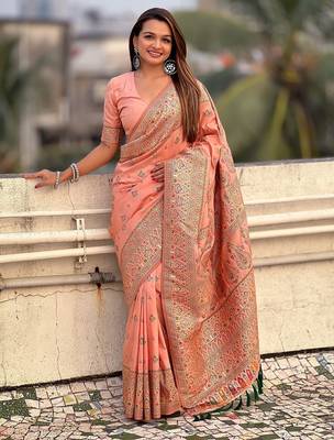 Peach woven self design pashmina silk saree with blouse 3