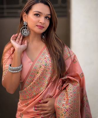 Peach woven self design pashmina silk saree with blouse 4