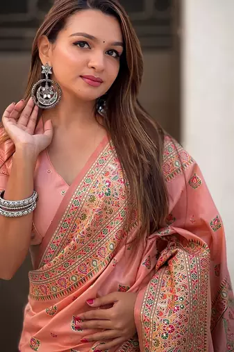 Peach woven self design pashmina silk saree with blouse