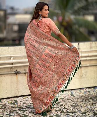 Peach woven self design pashmina silk saree with blouse 5