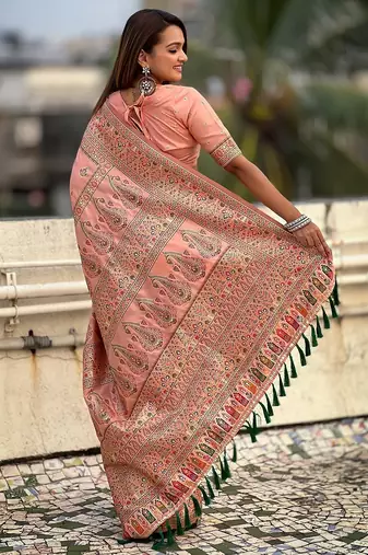 Peach woven self design pashmina silk saree with blouse