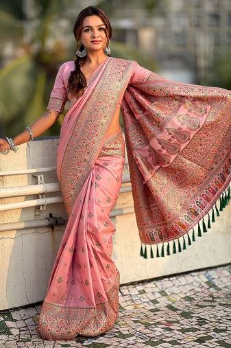 Pink woven self design pashmina silk saree with blouse