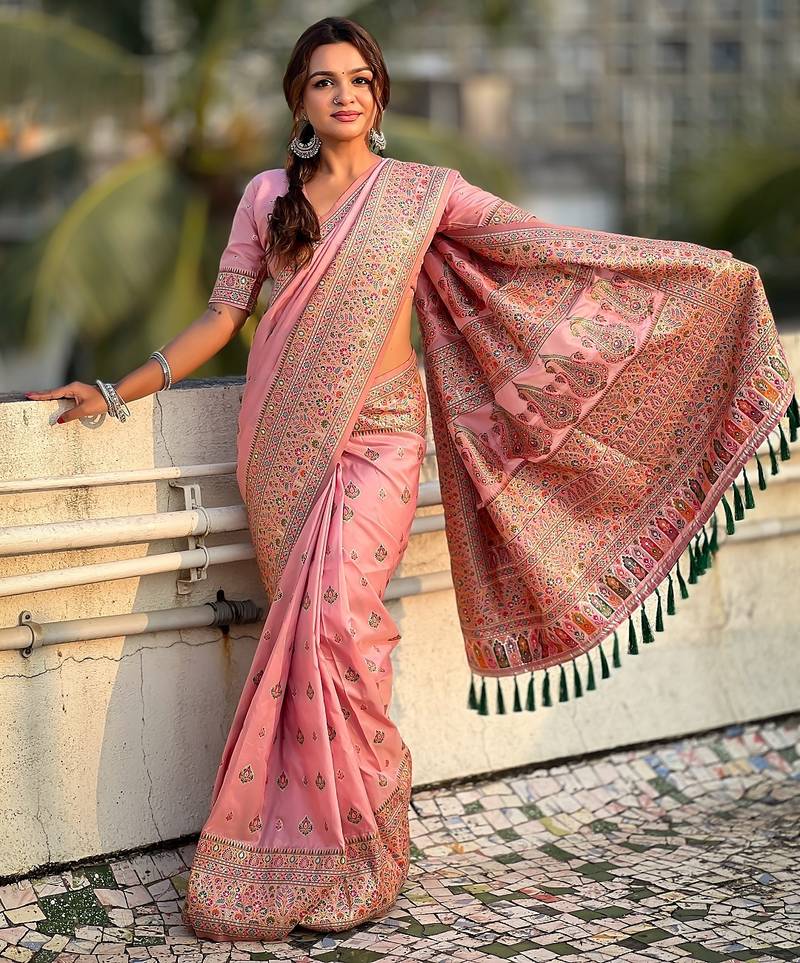 Pink woven self design pashmina silk saree with blouse