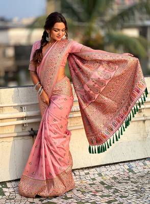 Pink woven self design pashmina silk saree with blouse 3