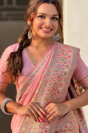Pink woven self design pashmina silk saree with blouse