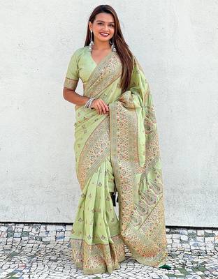 Pista green woven self design pashmina silk saree with blouse 1