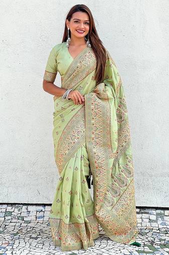 Pista green woven self design pashmina silk saree with blouse