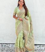 Pista green woven self design pashmina silk saree with blouse