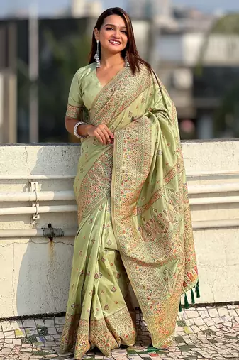 Pista green woven self design pashmina silk saree with blouse