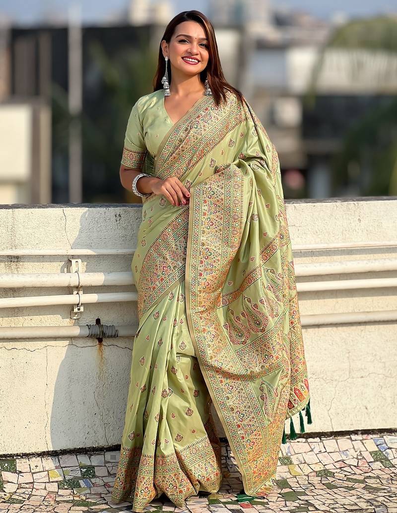 Pista green woven self design pashmina silk saree with blouse