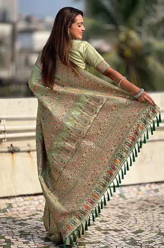 Pista green woven self design pashmina silk saree with blouse