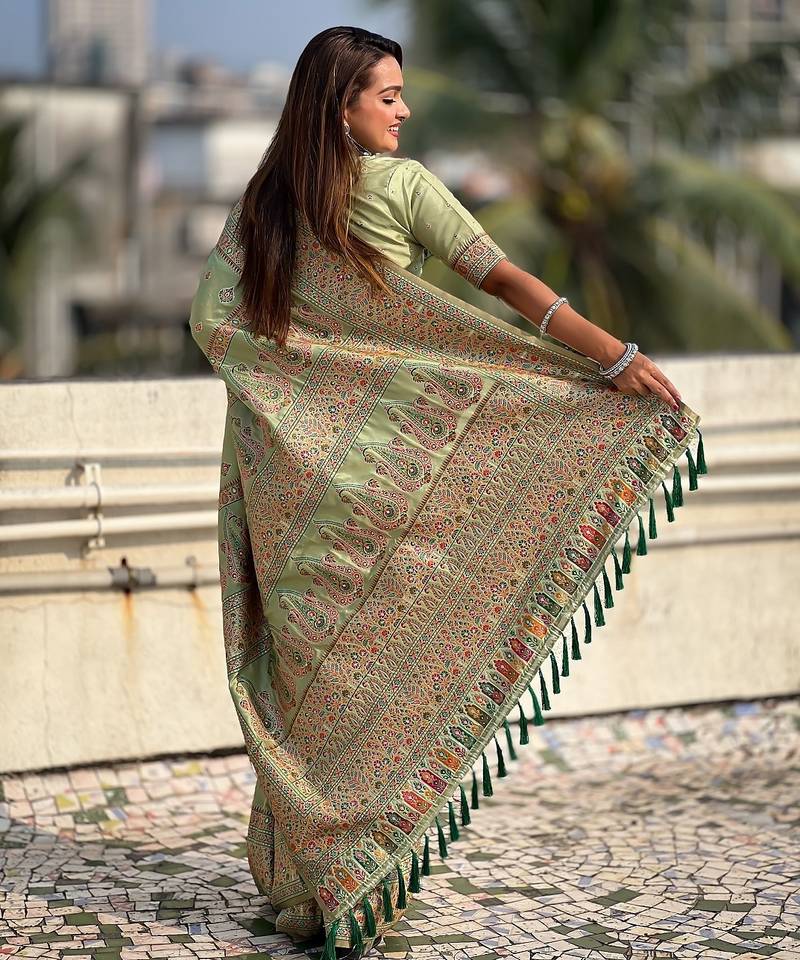 Pista green woven self design pashmina silk saree with blouse