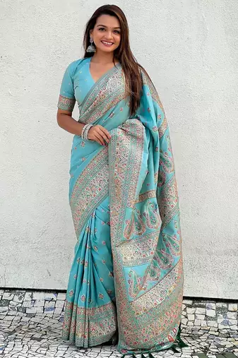 Sky blue woven self design pashmina silk saree with blouse