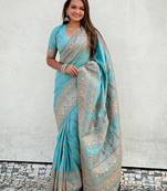 Sky blue woven self design pashmina silk saree with blouse