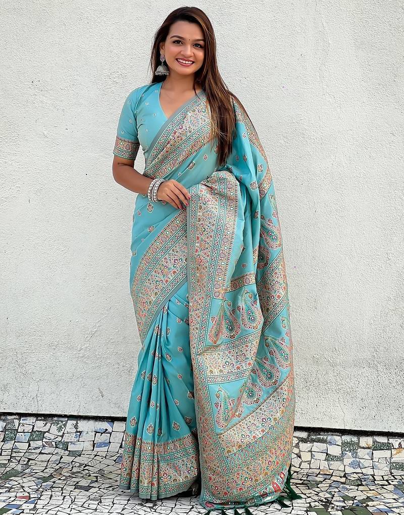 Sky blue woven self design pashmina silk saree with blouse