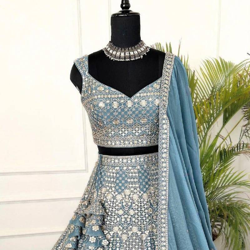 Blue Designer Sequins & Thread Embroidered Lehenga Set