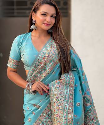 Sky blue woven self design pashmina silk saree with blouse 2