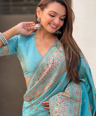 Sky blue woven self design pashmina silk saree with blouse 3