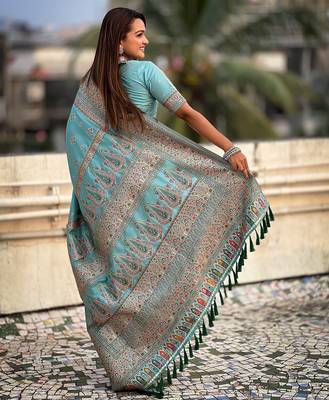 Sky blue woven self design pashmina silk saree with blouse 4