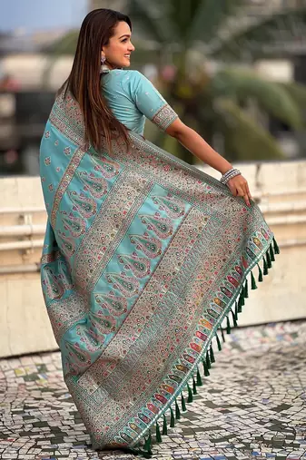 Sky blue woven self design pashmina silk saree with blouse