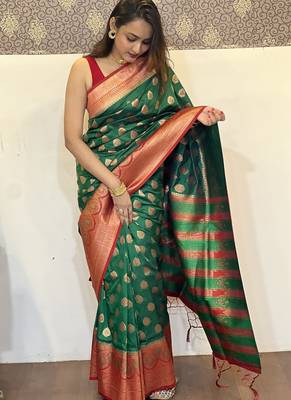 Green woven self design silk blend paithani saree with blouse 1