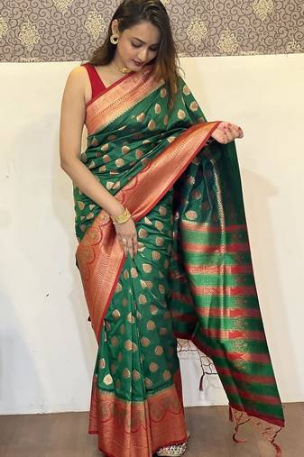 Green woven self design silk blend paithani saree with blouse