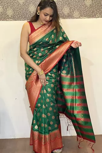 Green woven self design silk blend paithani saree with blouse