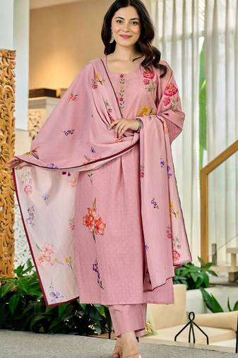 Women's Beautiful Printed Work Chanderi Fabric Straight Kurta Pant and Dupatta Set