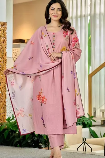 Women's Beautiful Printed Work Chanderi Fabric Straight Kurta Pant and Dupatta Set