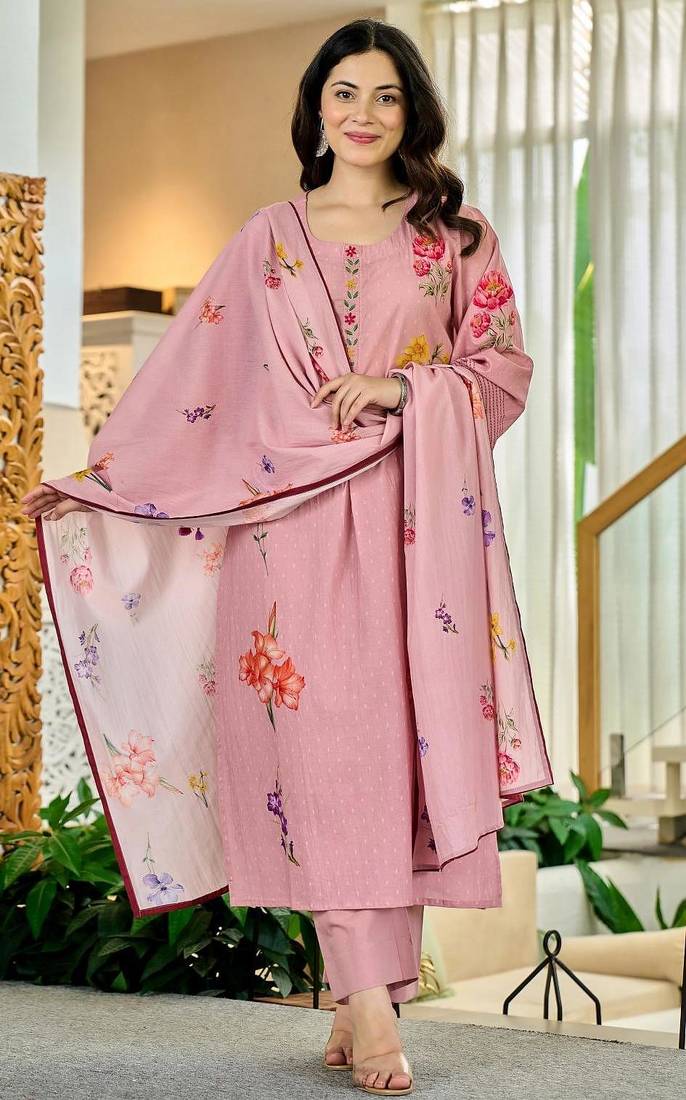 Women's Beautiful Printed Work Chanderi Fabric Straight Kurta Pant and Dupatta Set